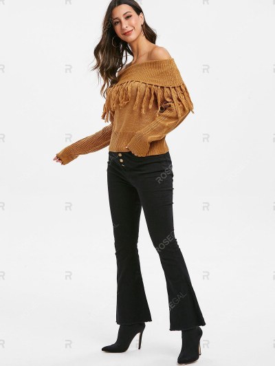Tassel Off Shoulder Foldover Pullover Sweater