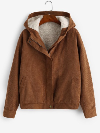 Teddy Lined Corduroy Zip Hooded Coat
