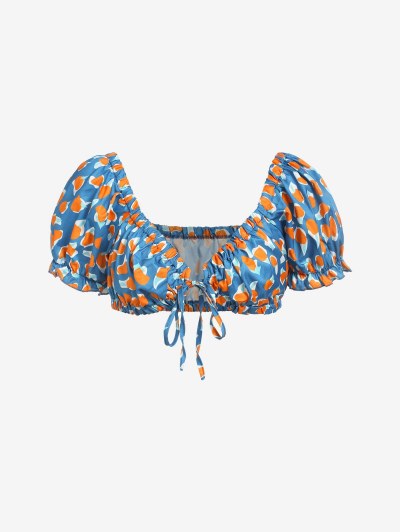 Tie Front Puff Sleeve Abstract Print  Blouse