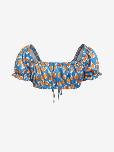 Tie Front Puff Sleeve Abstract Print  Blouse