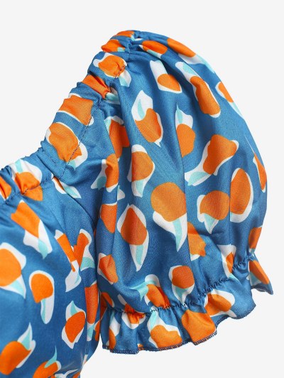 Tie Front Puff Sleeve Abstract Print  Blouse