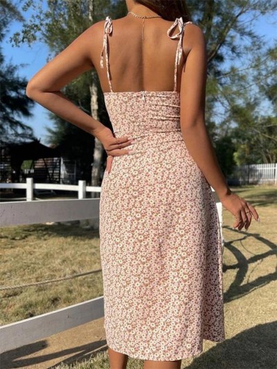 Tie Shoulder Ditsy Floral Front Slit Ruched Dress