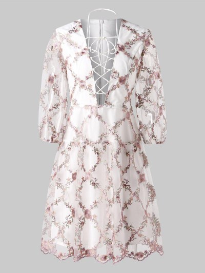Tiny Floral Embroidery Plunging Neckline Mesh Dress