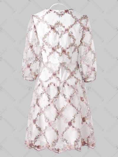 Tiny Floral Embroidery Plunging Neckline Mesh Dress