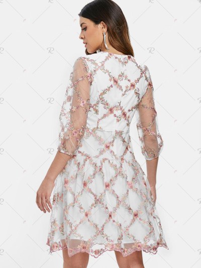 Tiny Floral Embroidery Plunging Neckline Mesh Dress