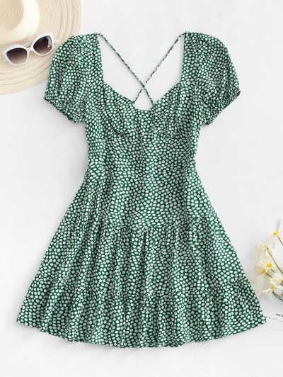 Tiny Floral Print Crisscross Mini Tiered Dress