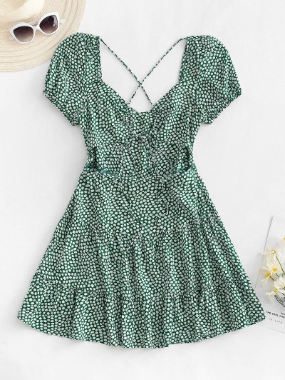 Tiny Floral Print Crisscross Mini Tiered Dress