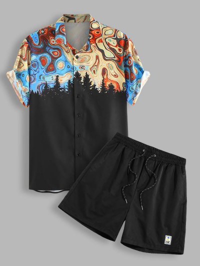 Tree Swirl Rock Abstract Print Shirt And Drawstring Shorts Two Piece Set