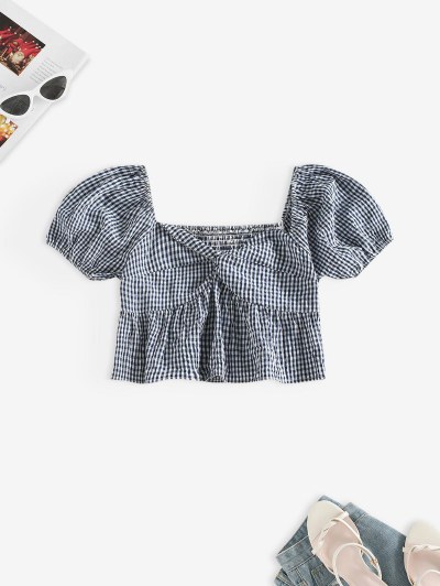 Twisted Front Puff Sleeve Gingham Top