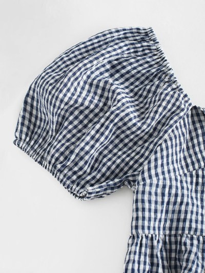 Twisted Front Puff Sleeve Gingham Top