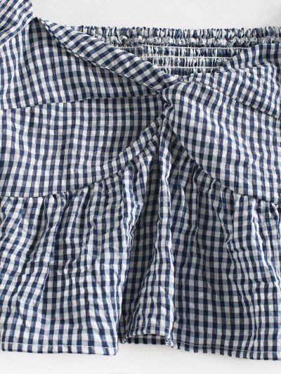 Twisted Front Puff Sleeve Gingham Top