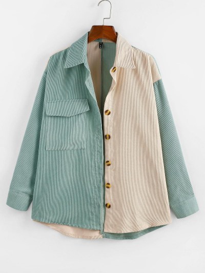 Two Tone Corduroy Flap Pocket Drop Shoulder Shacket