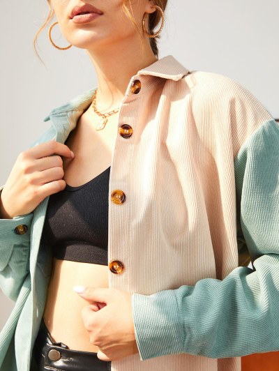 Two Tone Corduroy Flap Pocket Drop Shoulder Shacket