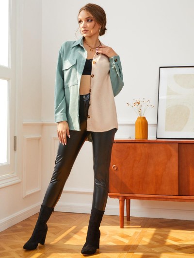 Two Tone Corduroy Flap Pocket Drop Shoulder Shacket