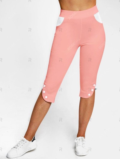 Two Tone Mock Button Tulip Hem Capri Leggings