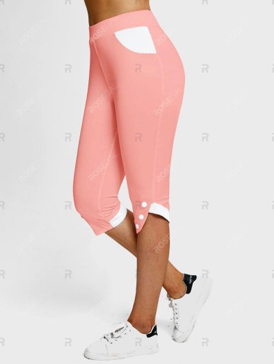 Two Tone Mock Button Tulip Hem Capri Leggings