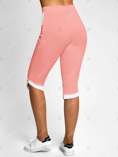 Two Tone Mock Button Tulip Hem Capri Leggings