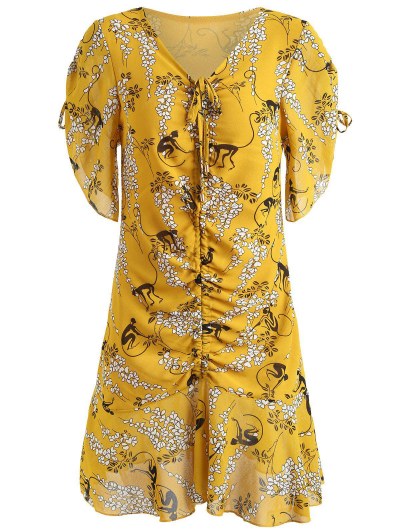 V-neck Ruched Print Dress