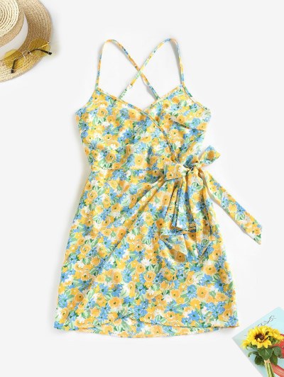 Watercolor Floral Cross Surplice Cami Dress