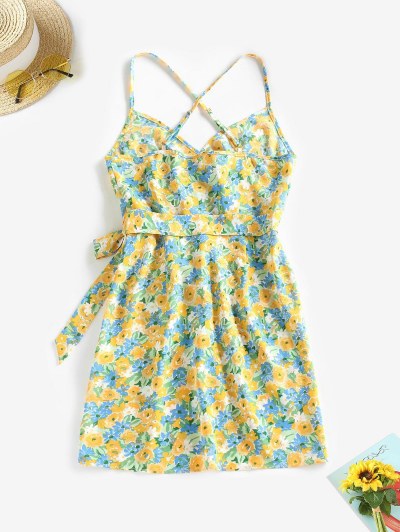 Watercolor Floral Cross Surplice Cami Dress