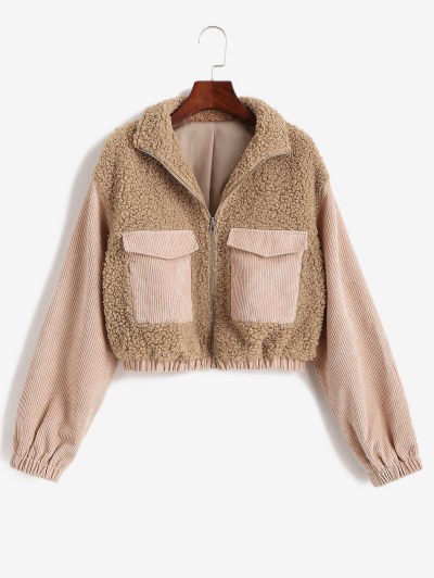 Zip Up Corduroy Panel Fluffy Combo Jacket